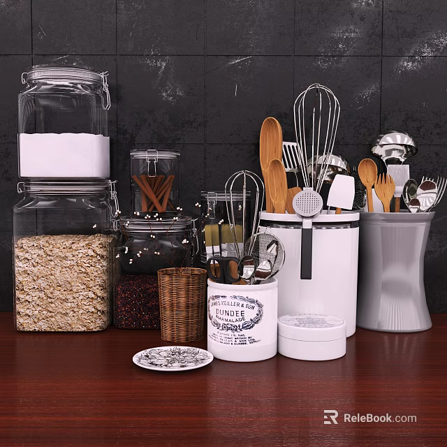 Kitchen Utensils Arrangement With Storage Jars On Countertop 3d model 