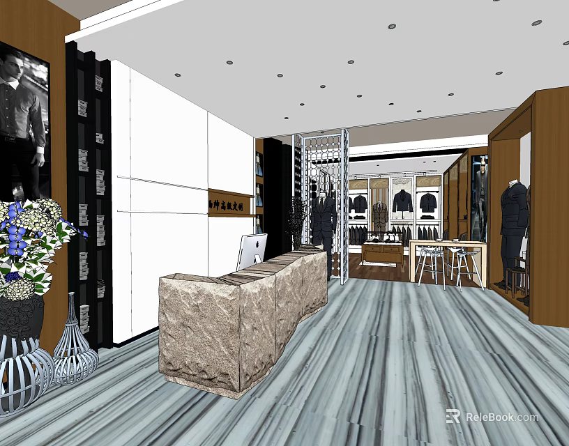 Elegant Clothing Store Interior With Marble Reception Desk Clothing Displays And Mannequins 3d model 