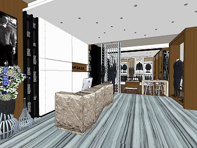 Elegant Clothing Store Interior With Marble Reception Desk Clothing Displays And Mannequins 3d model