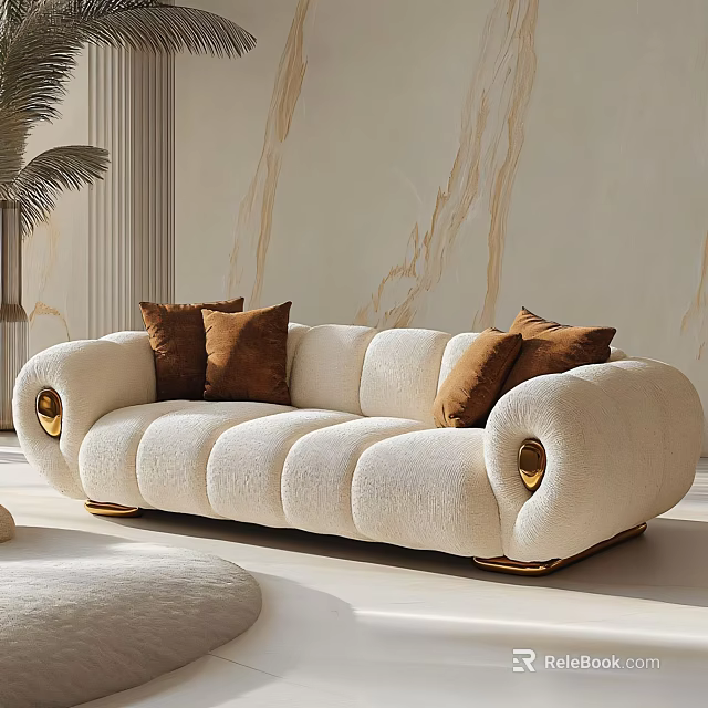 Modern Single Chair With White Upholstery Gold Metal Accents Brown Cushions Marble Wall And Plant 3d model 