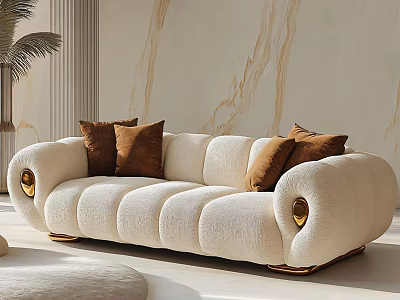 Modern Single Chair With White Upholstery Gold Metal Accents Brown Cushions Marble Wall And Plant 3d model