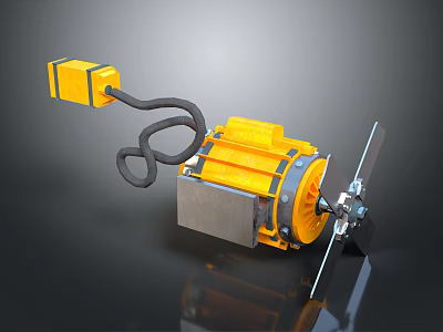 Yellow Electric Motor With Black Cable Metal Casing And Rotating Blade Structure 3d model