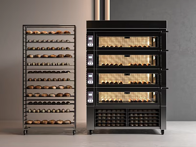 Black Multiple Layer Oven Kitchen Appliances With Metal Rack And Fresh Bread 3d model