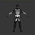 Man Wearing Black and White Batman Costume with Cape Standing on Gray Background