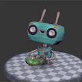Blue Robot With Big Round Eyes And Antennas Standing On Checkerboard Platform Holding Frying Pan