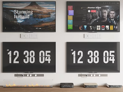Modern TV Setup Displaying Iceland Landscape Netflix Interface and Time on Wall 3d model