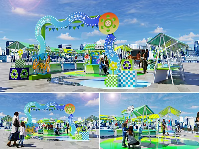 Vibrant Photo Check-in Spot With Colorful Arches Checkerboard Floors And Canopy Tents 3d model