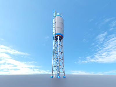 Industrial Storage Tank With Metal Ladder And Blue Base Against Clear Blue Sky 3d model