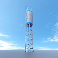 Industrial Storage Tank With Metal Ladder And Blue Base Against Clear Blue Sky