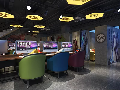 Modern Internet Cafe Interior Design With Gaming Computers Colorful Chairs Stylish Lighting And Wall Decor 3d model