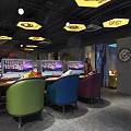 Modern Internet Cafe Interior Design With Gaming Computers Colorful Chairs Stylish Lighting And Wall Decor