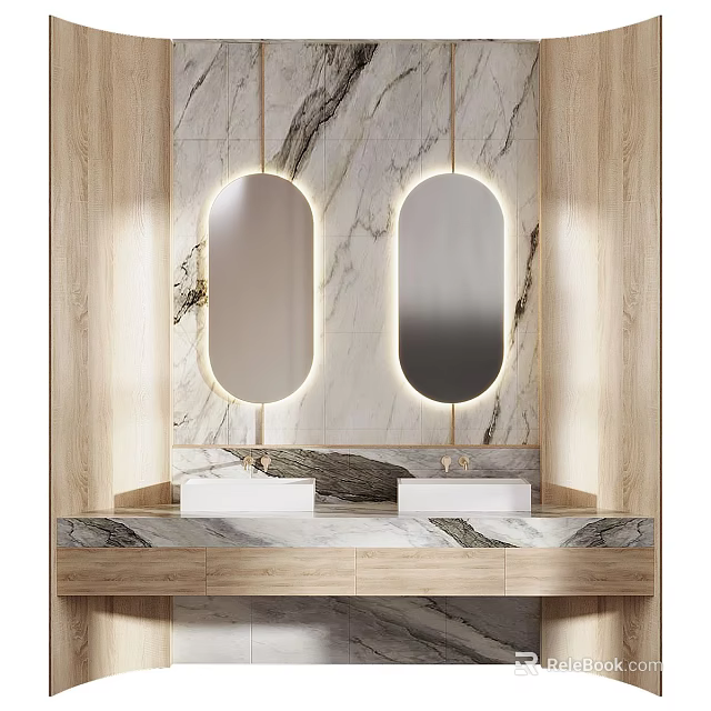 Elegant Modern Bathroom Vanity With Marble Countertop Double Sinks And Lighted Oval Mirrors 3d model 