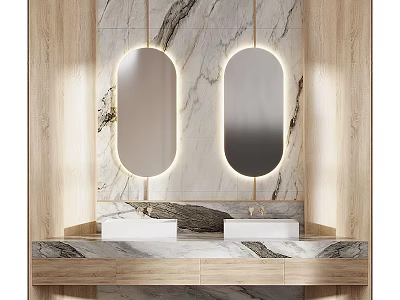 Elegant Modern Bathroom Vanity With Marble Countertop Double Sinks And Lighted Oval Mirrors 3d model