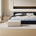 Modern Bedroom Interior Design With Blue Upholstered Bed LED Strip Lighting Nightstands And Armchair Rug