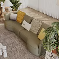 Elegant Modern Sofa Set With Colorful Throw Pillows And Green Potted Plants