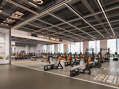 Spacious Modern Gym Interior With Fitness Equipment And Motivational Signs 3d model