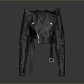 Black Cropped Leather Jacket With Epaulettes Zipper And Belt Buckle Design Details