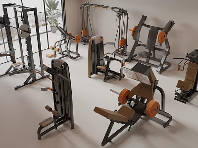 Modern Sports Equipment In Gym Including Various Training Machines And Fitness Gear 3d model