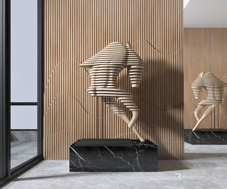 Modern Striped Sculpture Carving On Black Marble Base With Wooden Wall Mirror Reflection 3d model 