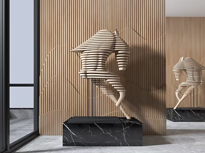 Modern Striped Sculpture Carving On Black Marble Base With Wooden Wall Mirror Reflection 3d model