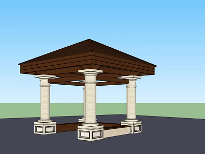 Outdoor Gazebo Structure With Brown Roof And White Columns Under Blue Sky 3d model
