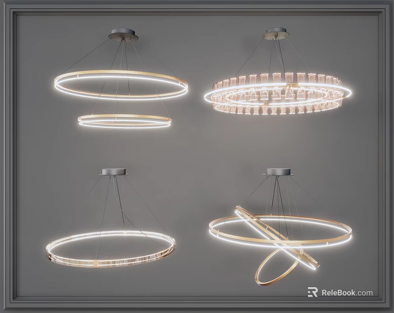 Modern Circular Design Ceiling Chandeliers With Illuminated Rings And Crossed Elements 3d model 