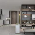 Elegant Modern Apartment Interior With Round Mirror Marble Wall Wooden Panel Sofa And Coffee Table