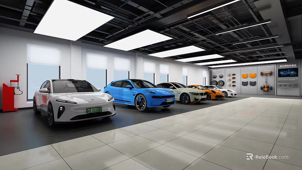 Spacious Modern 4S Car Dealership Showroom Featuring New Vehicles In Multiple Colors 3d model 