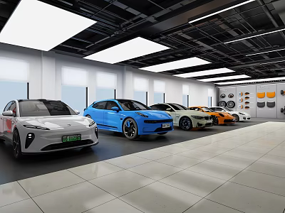 Spacious Modern 4S Car Dealership Showroom Featuring New Vehicles In Multiple Colors 3d model