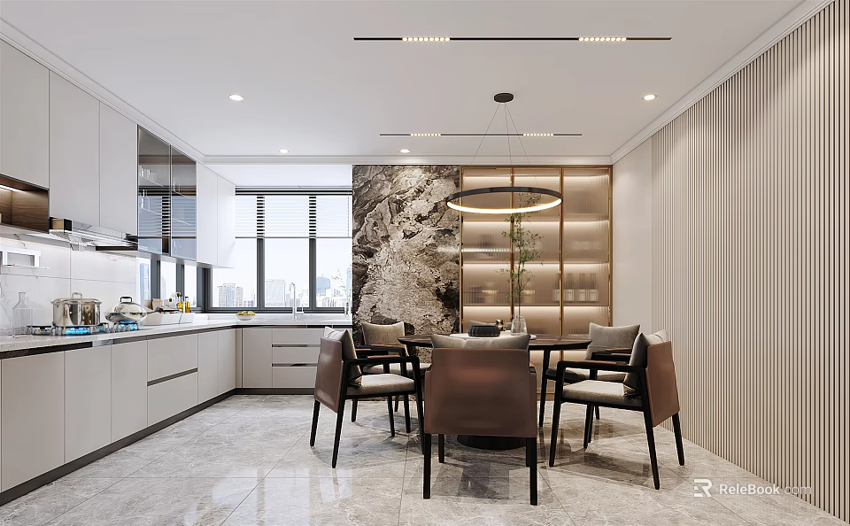 Elegant Modern Kitchen Interior Design With Dining Table Chairs Pendant Light And Decorative Wall 3d model 