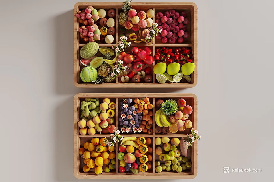 Fresh Assorted Fruits Displayed in Wooden Trays with Compartments and Colorful Varieties 3d model 