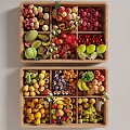 Fresh Assorted Fruits Displayed in Wooden Trays with Compartments and Colorful Varieties