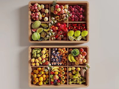 Fresh Assorted Fruits Displayed in Wooden Trays with Compartments and Colorful Varieties 3d model