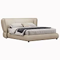 Modern Beige Upholstered Double Bed With White Sheets Pillows And Dark Blanket 3d model