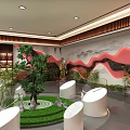 Traditional Exhibition Hall Interior With Landscape Wall Green Plants Display Counters And Bookshelves
