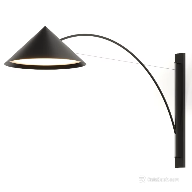 Modern Black Wall Lamp With Arched Arm Conical Shade And Wall Mounted Design 3d model 