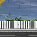Modern Outdoor Fence With Black And White Panels Green Trees And Blue Sky