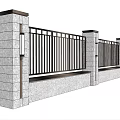 Modern Landscape Wall Design With Iron Railings Stone Pillars And Green Lawn
