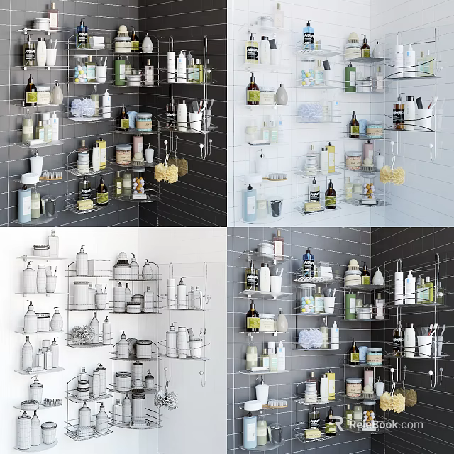 Organized Bathroom Accessories with Multiple Wall Mounted Shelves and Storage Solutions 3d model