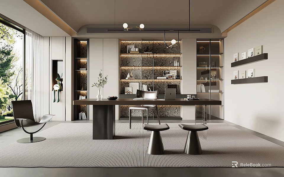 Modern Home Office Interior With Wooden Desk Bookshelves Chair And Pendant Lights 3d model 