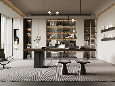 Modern Home Office Interior With Wooden Desk Bookshelves Chair And Pendant Lights 3d model