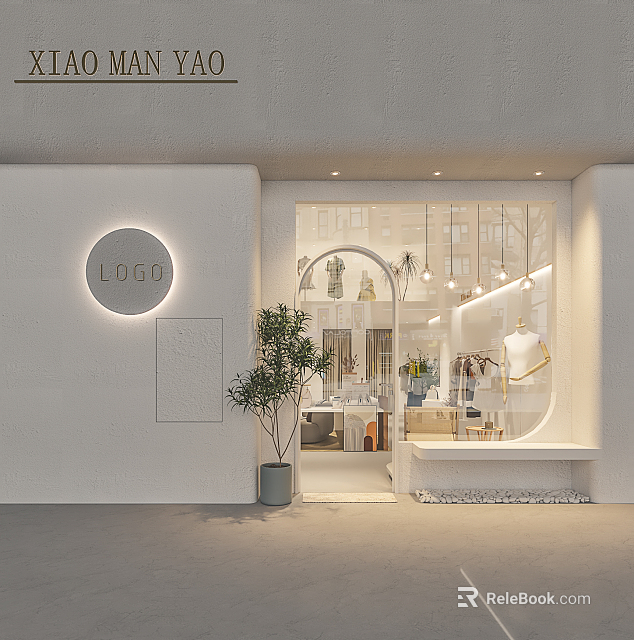 Modern Shopping Mall Store Front With Glass Window Display Mannequins Plants And Lighting 3d model 