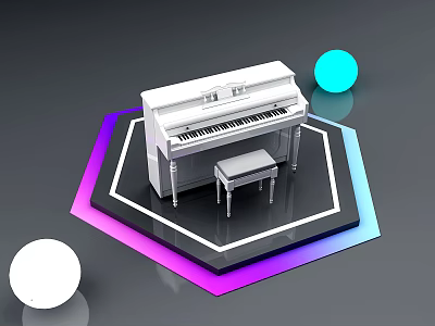 White Piano Entertainment Appliance on Black Hexagonal Platform with Blue Purple Gradient Edges and Spheres 3d model