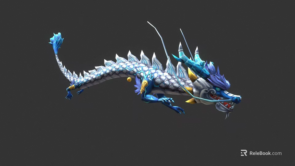 Blue and White Mythical Dragon with Scaled Body Blue Horns and Tail 3d model 