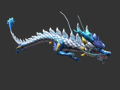 Blue and White Mythical Dragon with Scaled Body Blue Horns and Tail 3d model