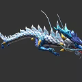 Blue and White Mythical Dragon with Scaled Body Blue Horns and Tail