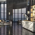 Modern Luxury Storefront Reception With Marble Counter Black Marble Floor And Staircase