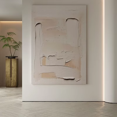 Textured Abstract Painting in Beige Tones on White Wall With Potted Plant and Wooden Stand 3d model
