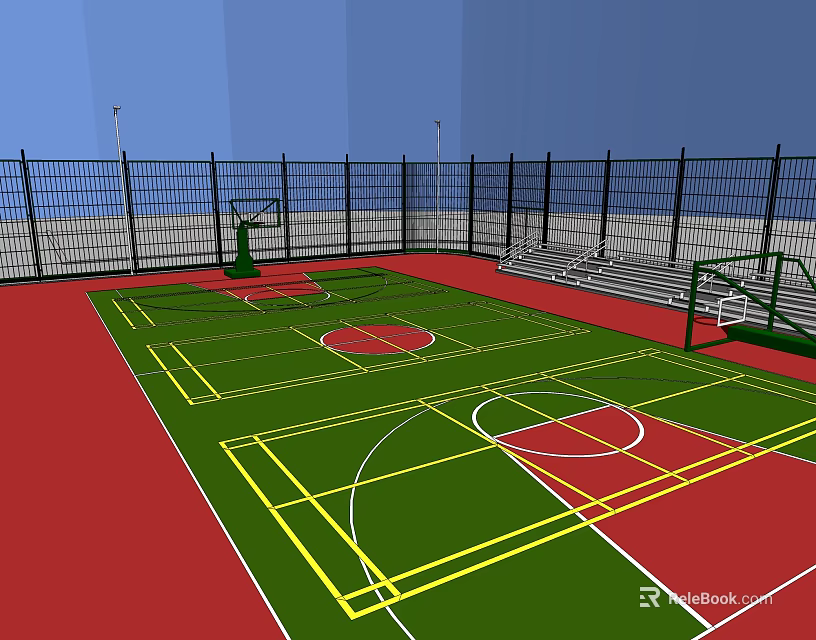 Spacious Basketball Court with Green Surface Red Areas Yellow Lines and Bleachers 3d model 