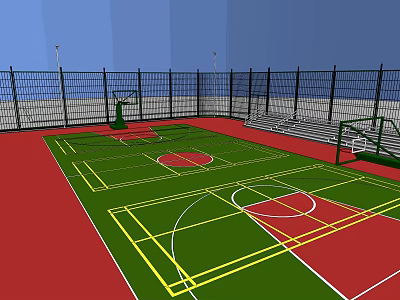 Spacious Basketball Court with Green Surface Red Areas Yellow Lines and Bleachers 3d model